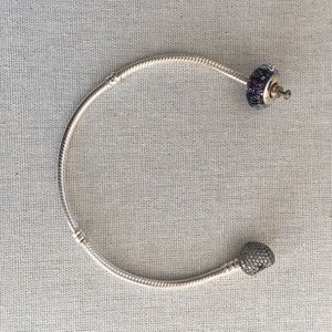 Pandora Moments Sparkling Heart Clasp Bracelet w/Dark Purple Shimmer Glass Charm